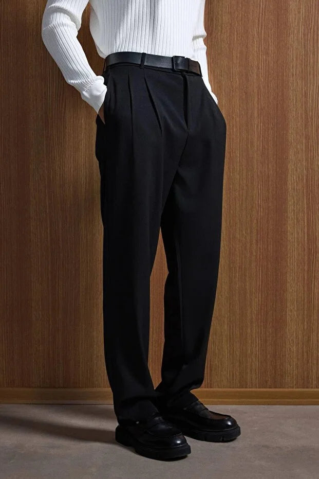 Erkek Baggy Fit Kumaş Pantolon Siyah